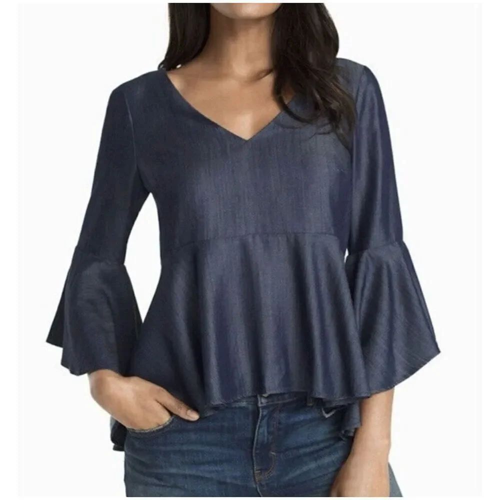 Womens White House Black Market WHBM Denim Chambray Bell Sleeve Peplum Top Sz 4